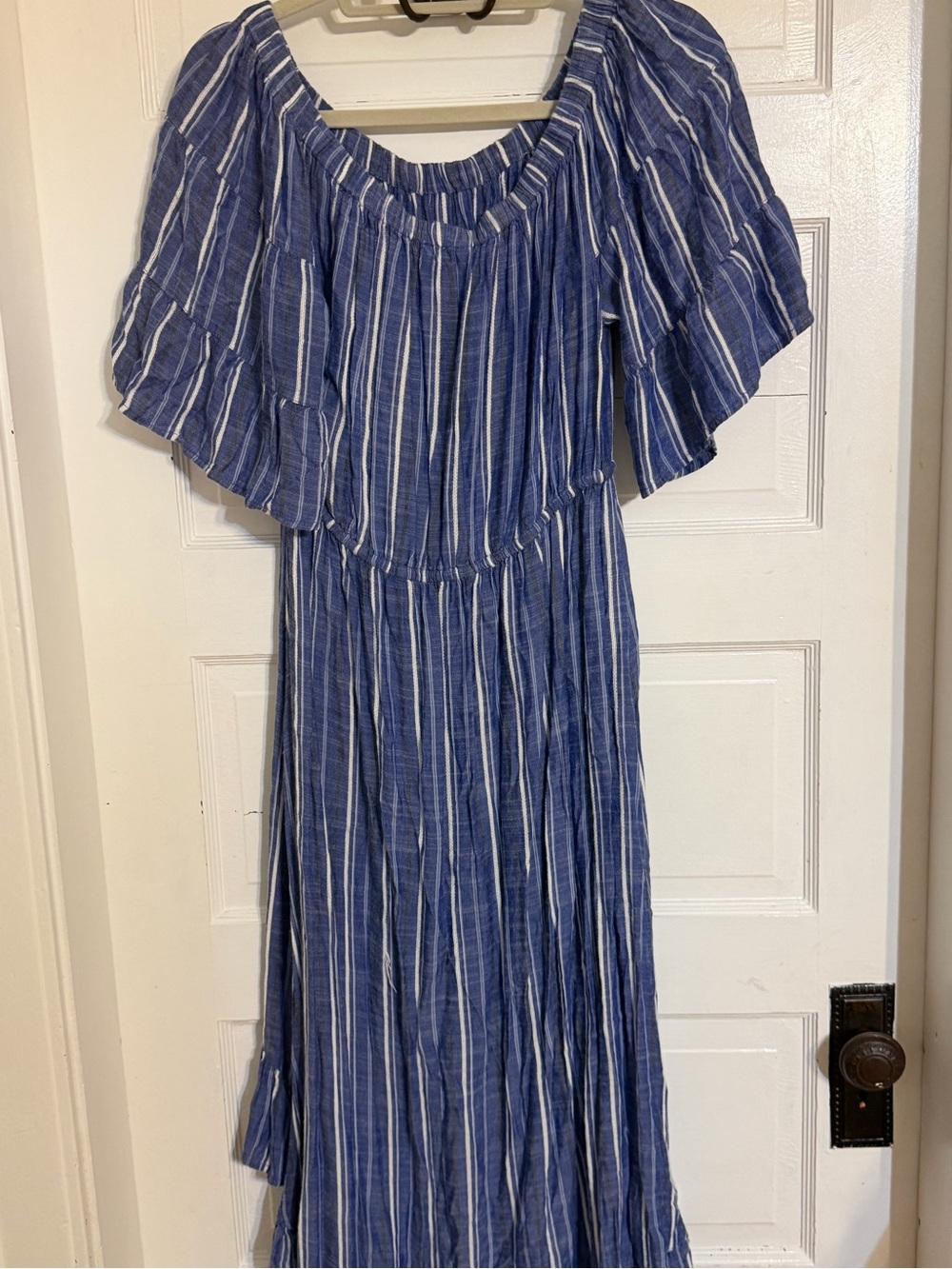 blue island Blue and White Striped Off-Shoulder Maxi Dress